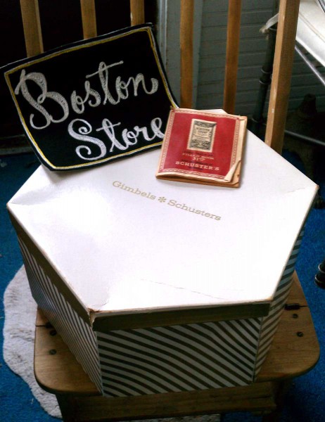 Vintage Milwaukee Department Store Collectibles: Boston Store Cloth Patch, Schuster's Stamp Book, Gimbles * Schuster's Hat Box